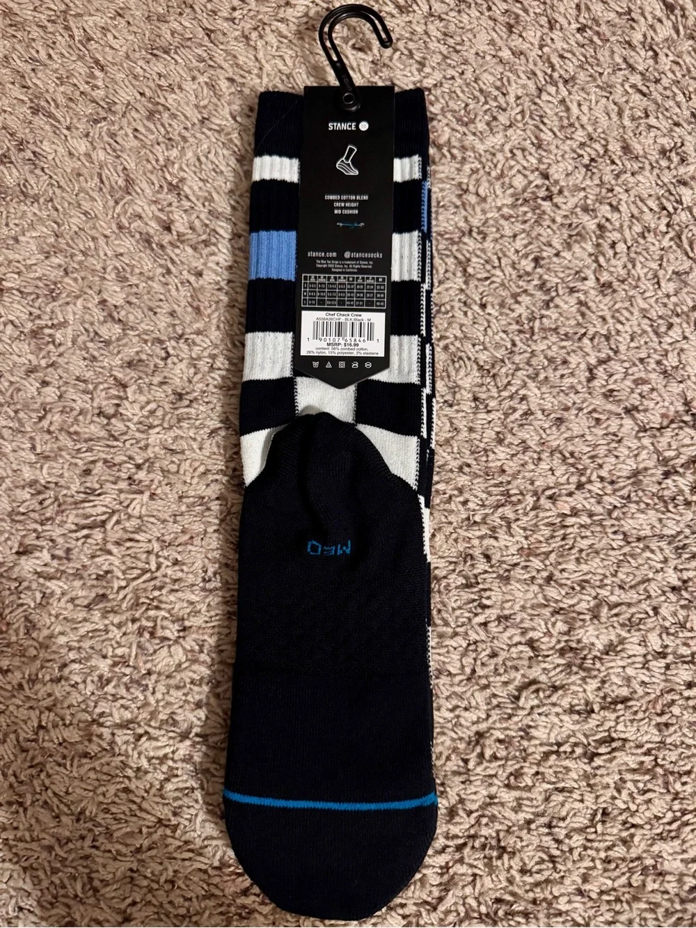 NWT Stance Men's Checkerboard Crew Socks in Black, White & Blue